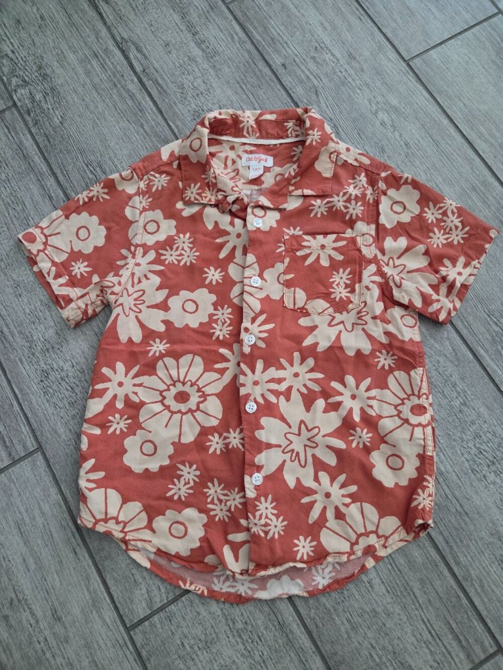 Cat & Jack Boys Floral Button Down Shirt Orange Cream Size S 6/7